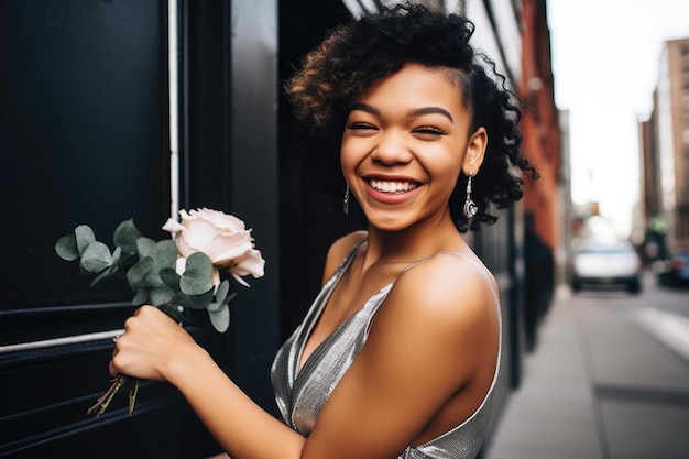 Fotografia de uma jovem feliz vestindo um traje de baile e segurando um corsage