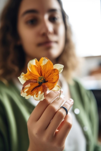 Foto fotografia de uma jovem irreconhecível segurando uma flor durante a terapia de arte criada com ia generativa