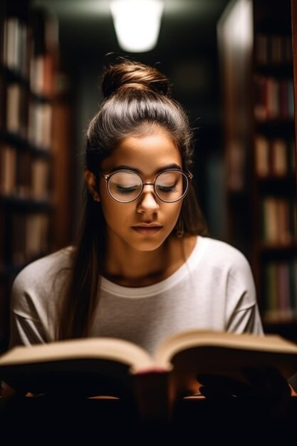 Fotografia de uma jovem lendo um livro na biblioteca