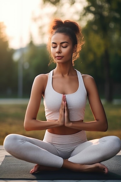 Foto fotografia de uma jovem meditando com seu tapete de ioga ao ar livre