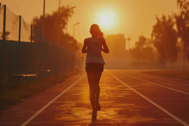 Fotografia de uma jovem mulher em forma correndo na pista Corredora esportiva de fitness Conceito