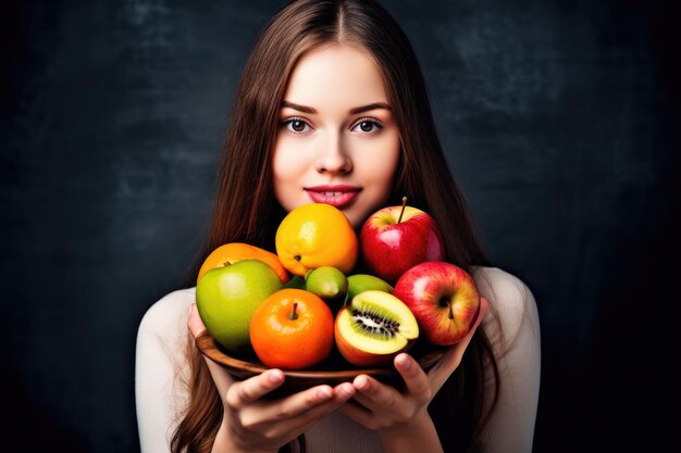 Fotografia de uma jovem mulher segurando uma variedade de frutas frescas criadas com IA generativa