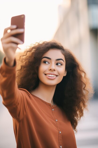 Fotografia de uma jovem segurando seu smartphone para tirar uma selfie criada com IA generativa