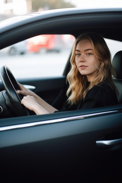 Fotografia de uma jovem sentada no assento do motorista de seu carro criada com IA generativa