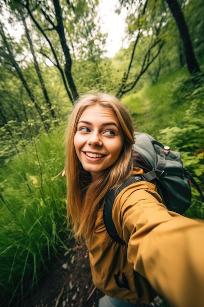 Fotografia de uma jovem tomando uma selfie enquanto estava em geocaching criada com IA generativa