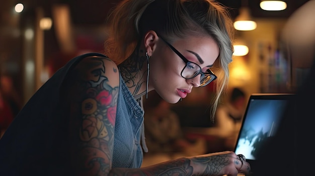 fotografia de uma jovem trabalhando no laptop no café Garota com tatuagem
