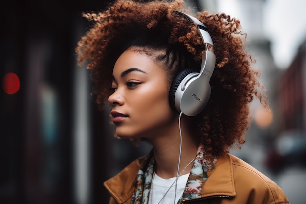 Fotografia de uma jovem usando fones de ouvido criados com IA generativa