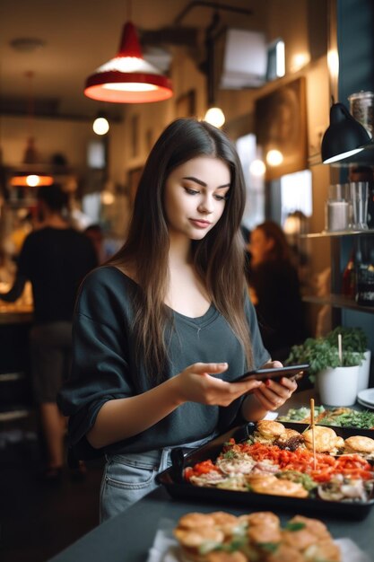 Foto fotografia de uma jovem usando um tablet digital e um smartphone para pedir comida