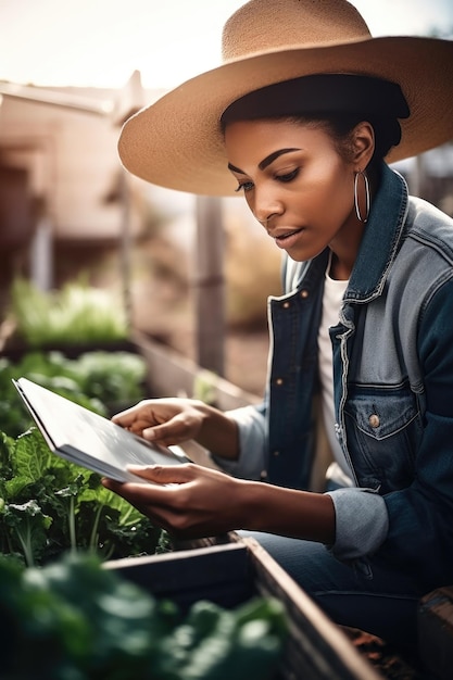 Fotografia de uma jovem usando um tablet digital enquanto trabalha em sua fazenda urbana