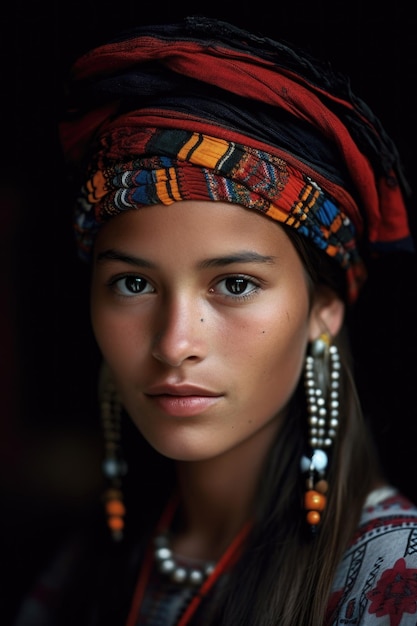 Fotografia de uma jovem vestindo um chapéu tradicional