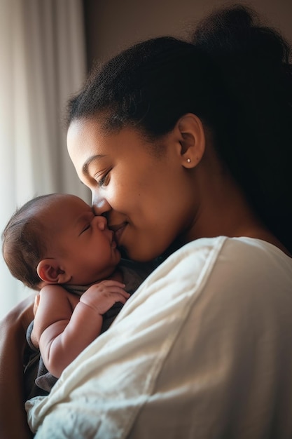 Fotografia de uma mãe e um bebê se unindo, criada com IA generativa.