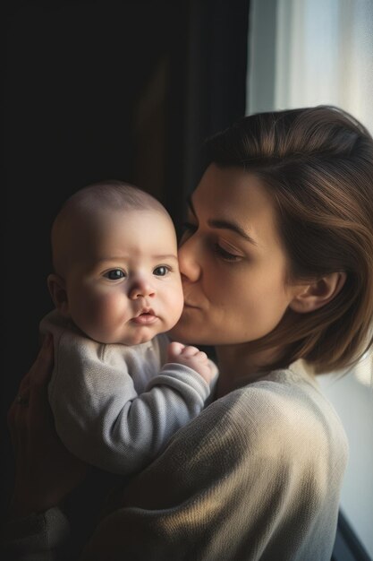 Fotografia de uma mãe segurando seu bebê criado com IA generativa