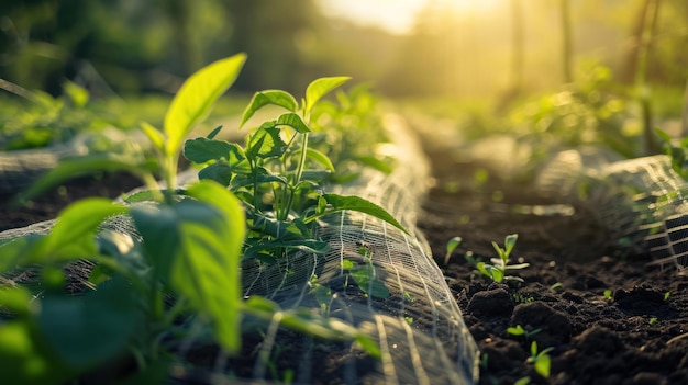 Fotografia de uma malha protetora cobrindo plantas jovens em um pomar