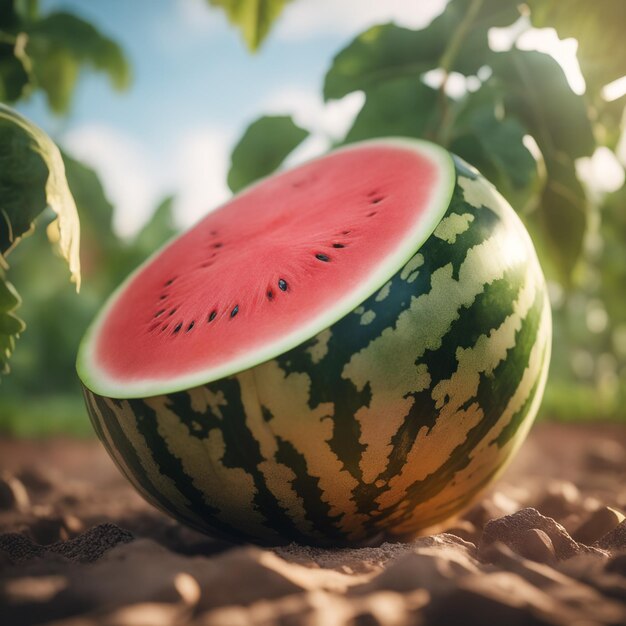 fotografia de uma melancia ligada a uma terra agrícola com um fundo desfocado