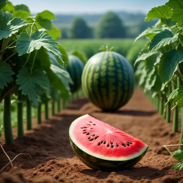 Foto fotografia de uma melancia ligada a uma terra agrícola com um fundo desfocado