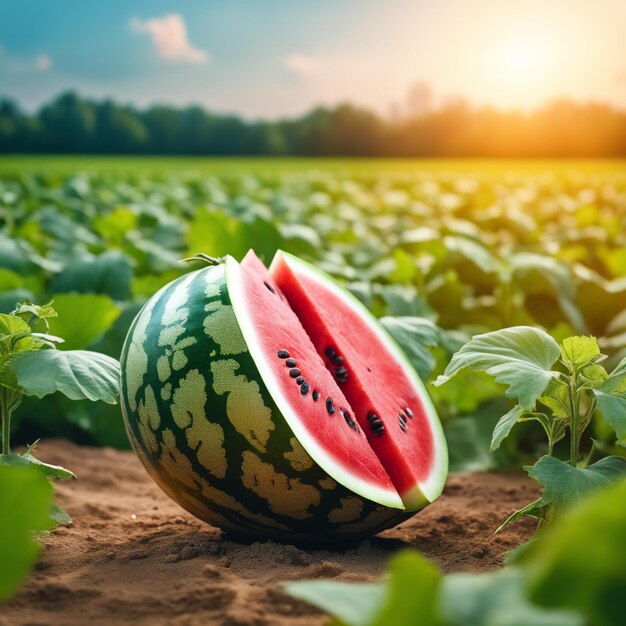 fotografia de uma melancia ligada a uma terra agrícola com um fundo desfocado
