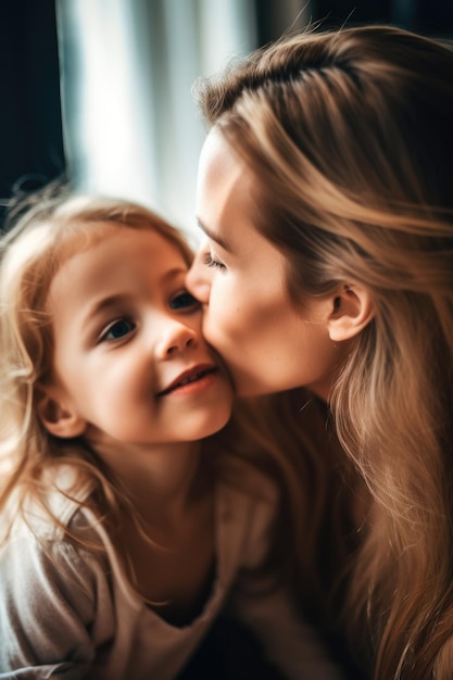 Fotografia de uma menina bonita desfrutando da carícia afetuosa de sua mãe criada com IA generativa