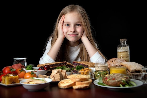 Fotografia de uma menina com comida sem glúten criada com IA generativa
