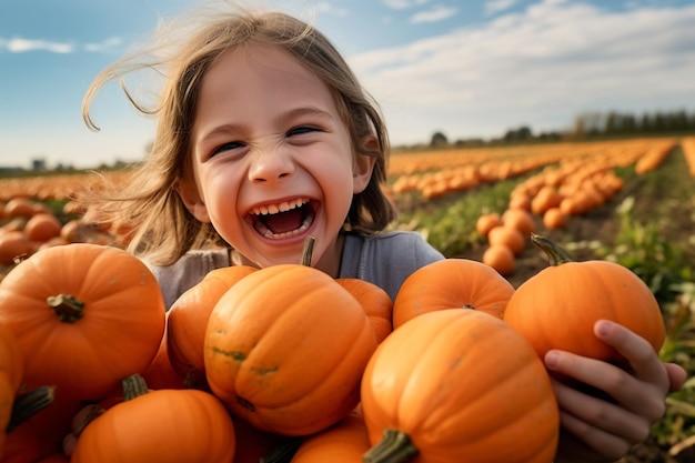 Fotografia de uma menina feliz com abóboras laranjas em um campo do lado de fora