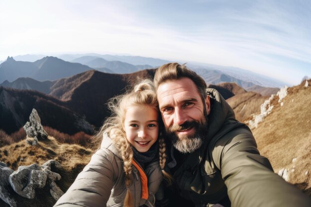 Fotografia de uma menina tirando selfies com seu pai nas montanhas criada com IA generativa