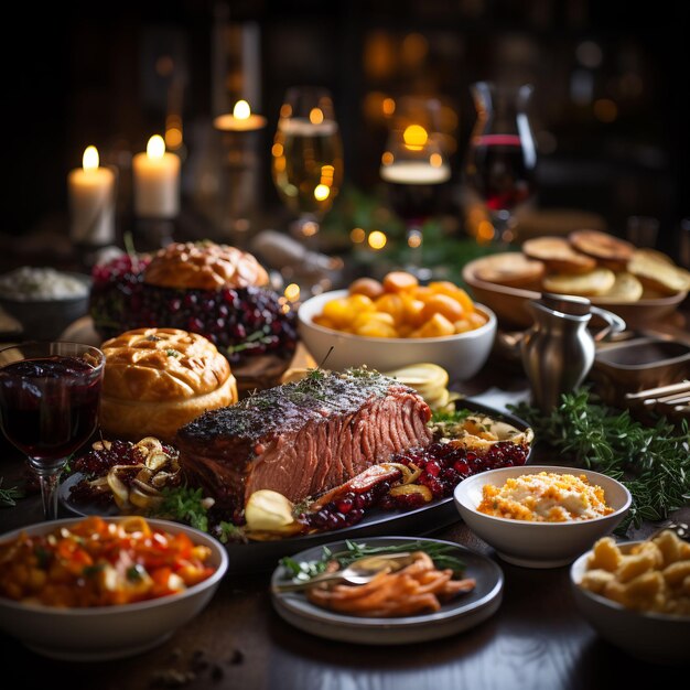 Fotografia de uma mesa de ação de graças maravilhosamente decorada cheia de comida e detalhes adoráveis