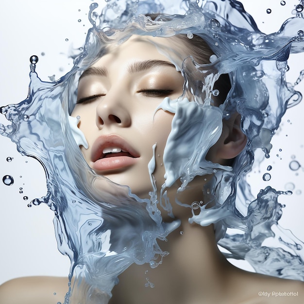 Fotografia de uma mulher bonita lavando o rosto em fundo branco