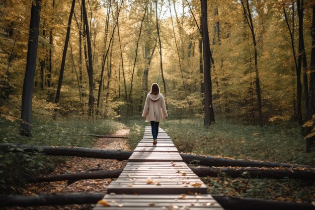 Fotografia de uma mulher caminhando pela natureza em um caminho sem obstáculos criado com IA generativa