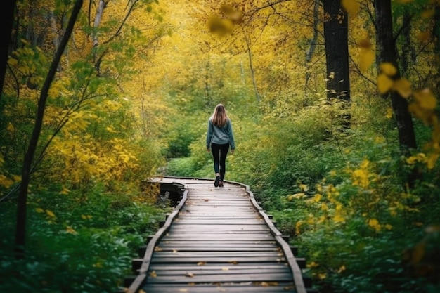 Fotografia de uma mulher caminhando pela natureza em um caminho sem obstáculos criado com IA generativa