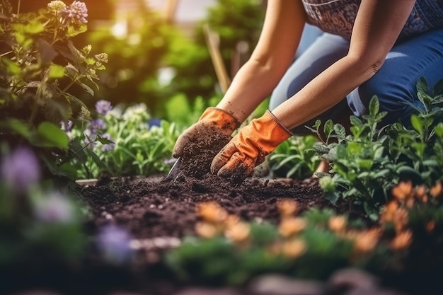 Fotografia de uma mulher com luvas de jardim plantando flores para cultivar flores em seu jardim Generative AI