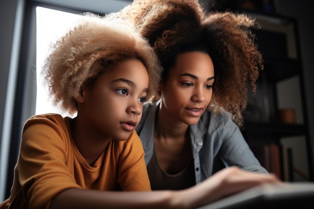 Foto fotografia de uma mulher e sua filha olhando para algo em um tablet digital