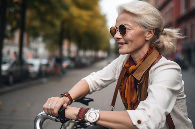 Fotografia de uma mulher em uma bicicleta olhando para seu relógio criada com IA generativa