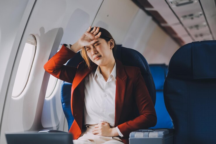 Foto fotografia de uma mulher frustrada sentada em um avião com a cabeça nas mãos. mulher asiática sentada num assento no avião.