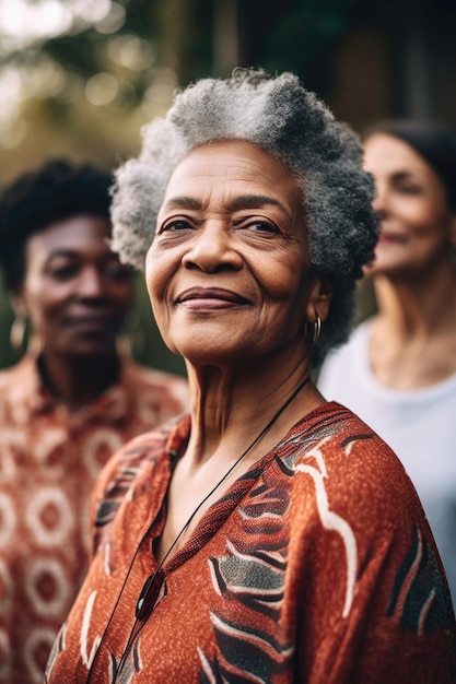 Fotografia de uma mulher idosa de pé lá fora com a família.