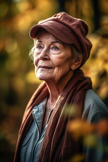 fotografia de uma mulher idosa de pé na floresta criada com IA generativa