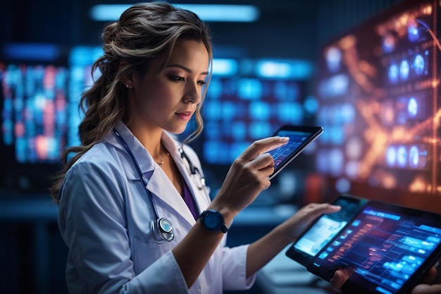 Foto fotografia de uma mulher médica revisando uma anatomia humana em uma tela de exame médico em uma tela de holograma