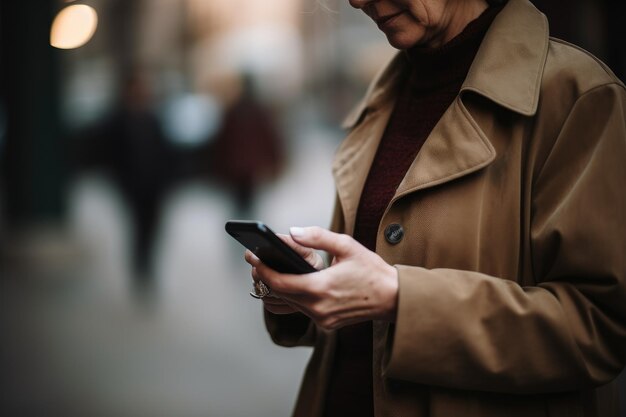 Fotografia de uma mulher não identificada usando seu smartphone para enviar um texto criado com IA generativa