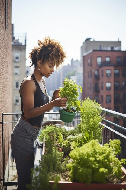 Fotografia de uma mulher regando plantas no telhado de seu prédio criada com IA gerativa