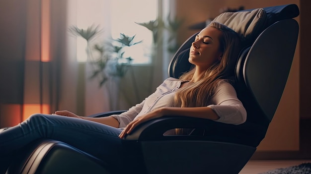 fotografia de uma mulher relaxando na cadeira de massagem na sala de estar