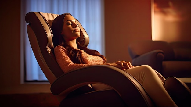 fotografia de uma mulher relaxando na cadeira de massagem na sala de estar