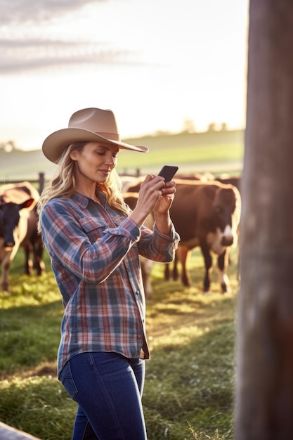 Foto fotografia de uma mulher tirando uma foto com seu telefone na fazenda criada com ia generativa