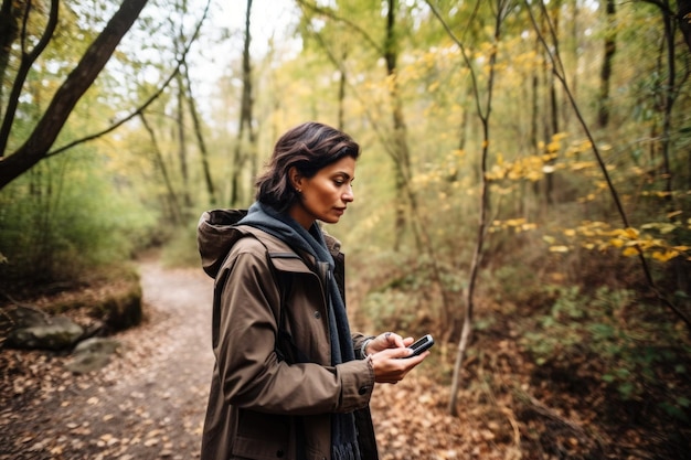 Fotografia de uma mulher usando seu celular em uma trilha natural criada com IA generativa