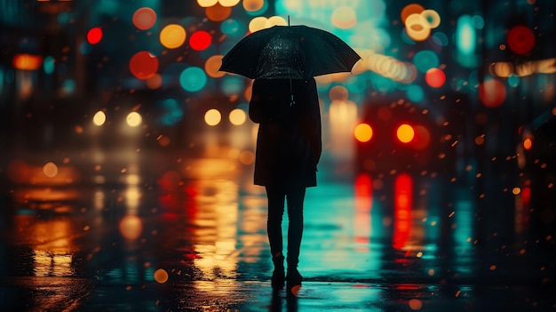 Fotografia de uma pessoa de pé na chuva segurando um guarda-chuva