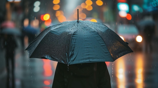 Fotografia de uma pessoa de pé na chuva segurando um guarda-chuva