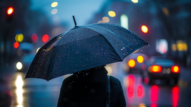 Fotografia de uma pessoa de pé na chuva segurando um guarda-chuva