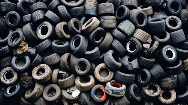 Fotografia de uma pilha de pneus de carros velhos caídos no chão, pneus de carros usados