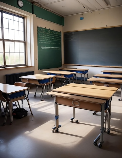 Fotografia de uma sala de aula onde há apenas mesas vazias