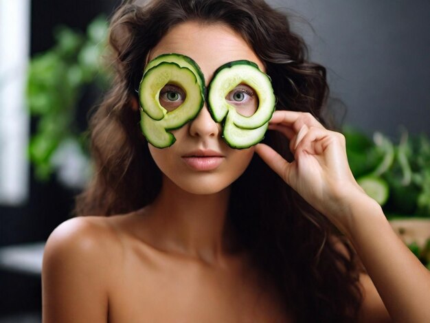 Foto fotografia de uma senhora atraente com um esfregão no rosto segurando um pepino e cortando os olhos.