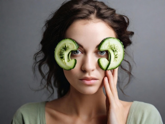 Foto fotografia de uma senhora atraente com um esfregão no rosto segurando um pepino e cortando os olhos.