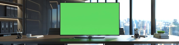 Fotografia de uma televisão com tela verde horizontal na sala de reuniões do Modern Office