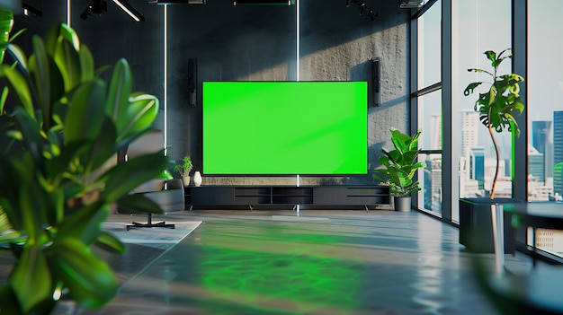 Fotografia de uma televisão com tela verde horizontal na sala de reuniões do Modern Office